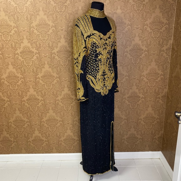 Vintage 70s 80s Beaded Sequin Gold Disco Maxi Cocktail Dress Pageant Gown - Picture 2 of 16